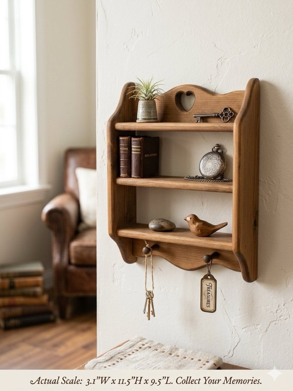 Vintage Country Farmhouse Wooden Heart Trinket Shelf Small Cottagecore Chic Mini